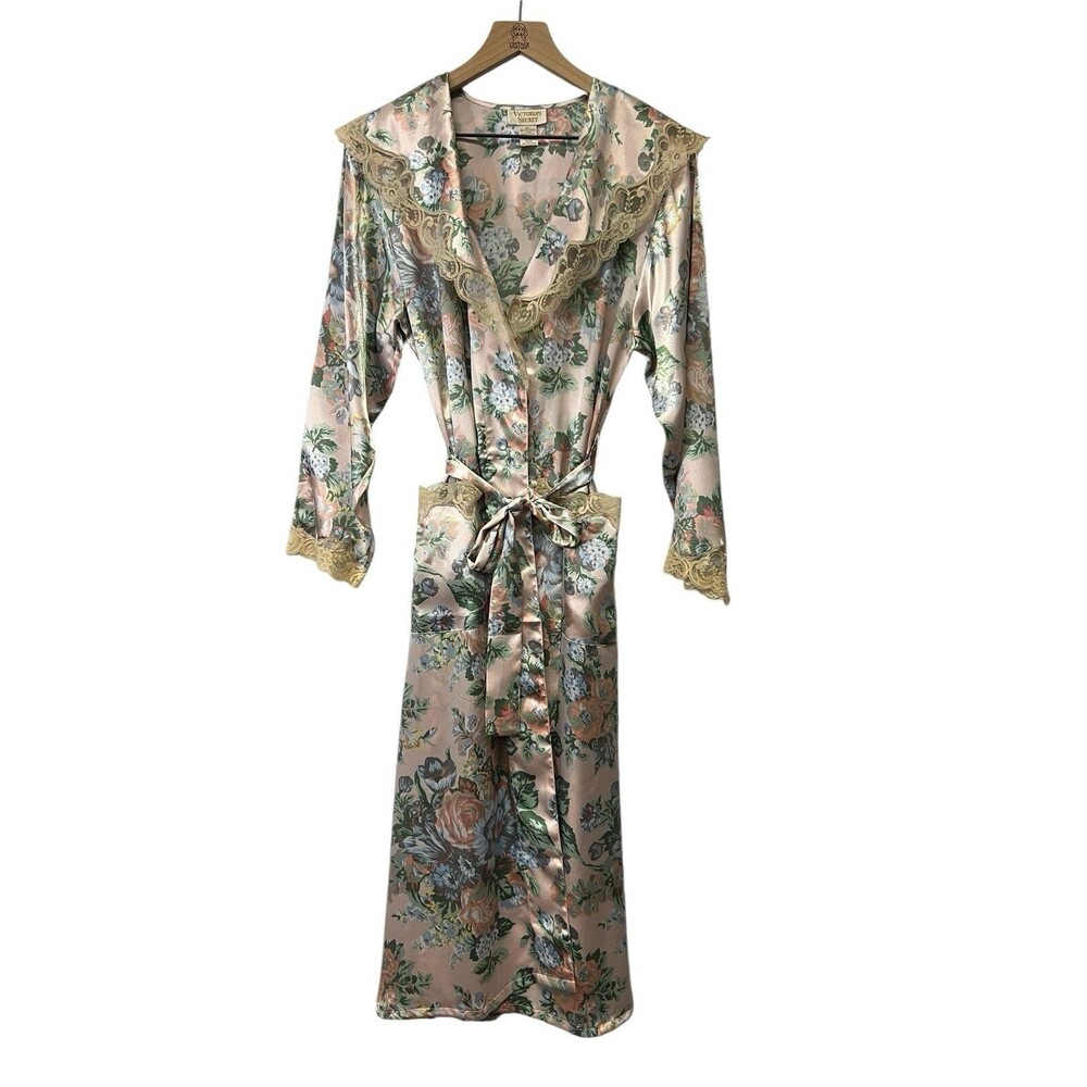 VICTORIA'S SECRET Vintage 90s Gold Label Long Satin Robe Belted Floral Lace SM